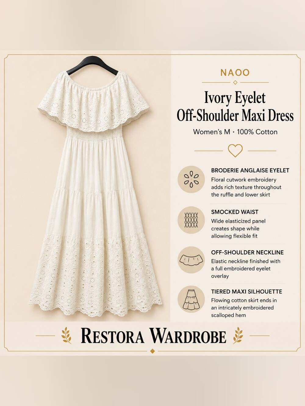 NAOO Romantic Boho Eyelet Maxi Dress Smocked Off Shoulder M